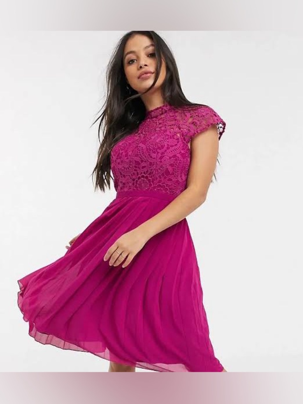 Chi Chi London Petite Berry Lace Midi Dress Pleated Skirt Fuchsia Pink Sz Small